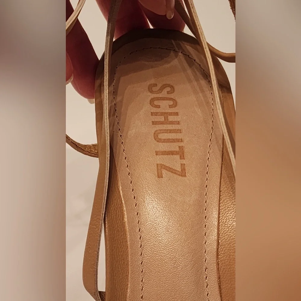 Schutz Deonne Casual Nappa Women’s Tan Strappy Leather Sandal High Heels Size 9 - Picture 12 of 15